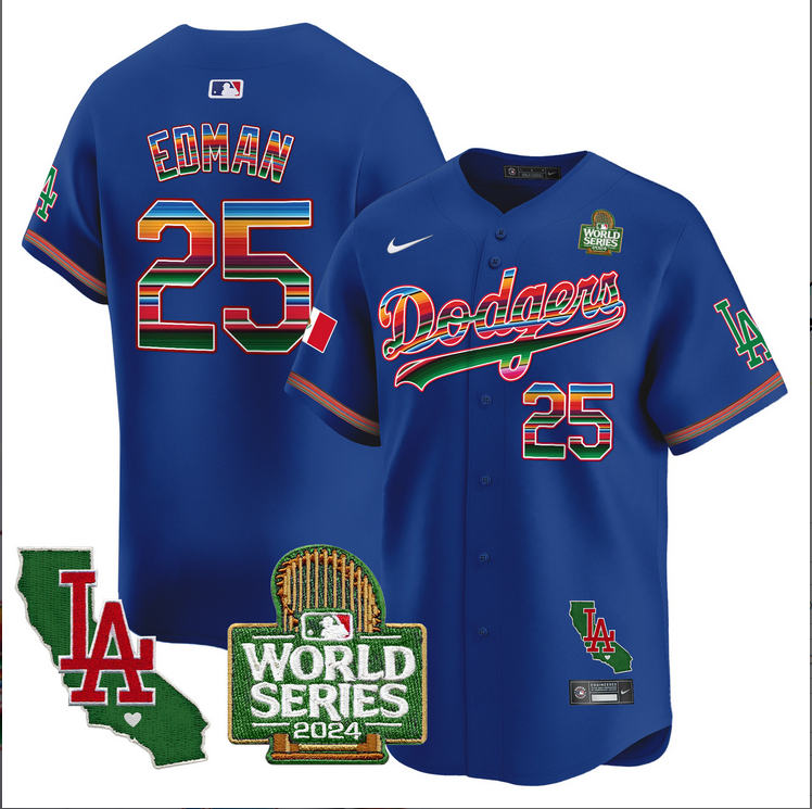 Men MLB Mexico Los Angeles Dodgers 25 Edman blue 2024 World Series Champions Patch Jersey 2024110